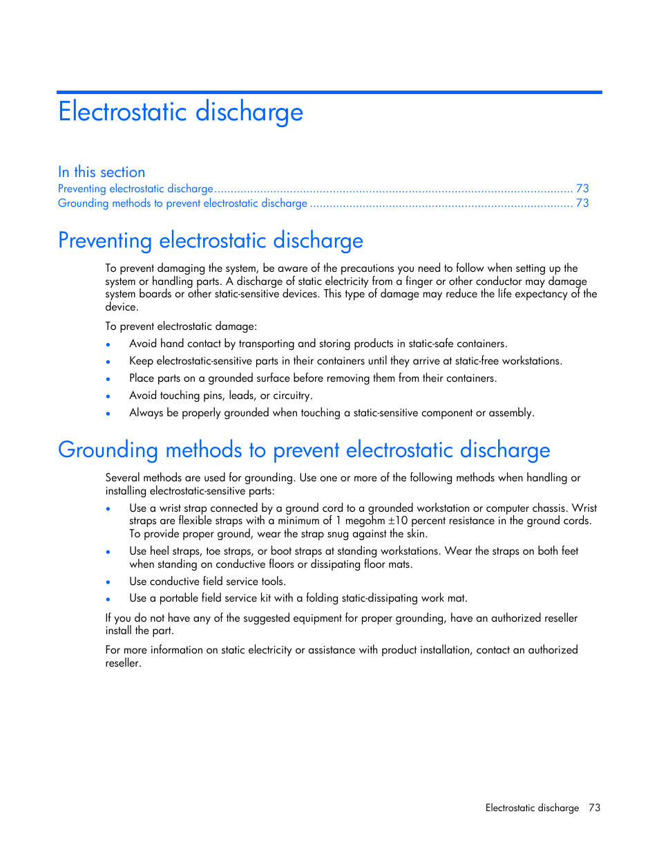 Electrostatic discharge, Preventing electrostatic discharge | HP ProLiant BL465c Server Blade User Manual | Page 73 / 87