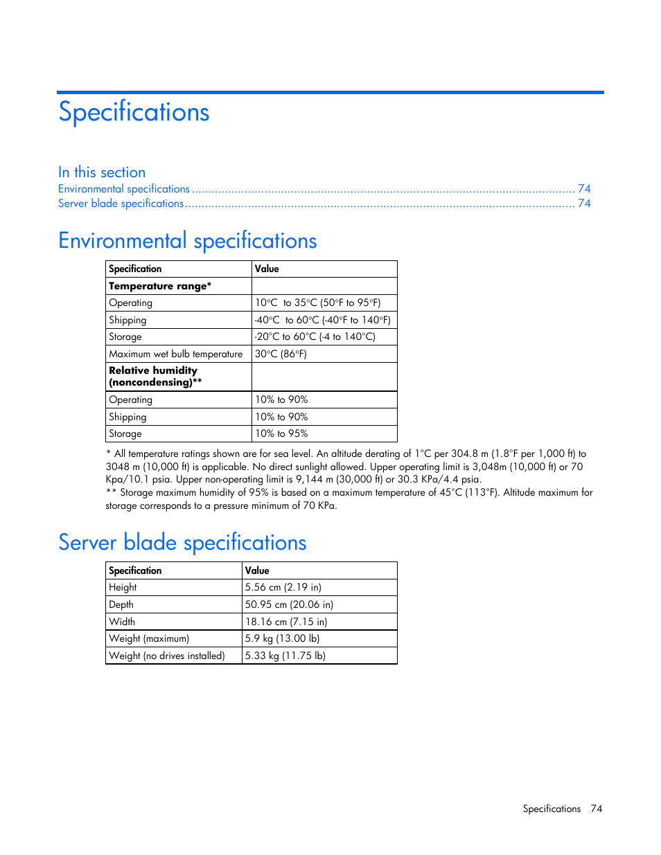 Specifications, Environmental specifications, Server blade specifications | HP ProLiant BL465c Server Blade User Manual | Page 74 / 87