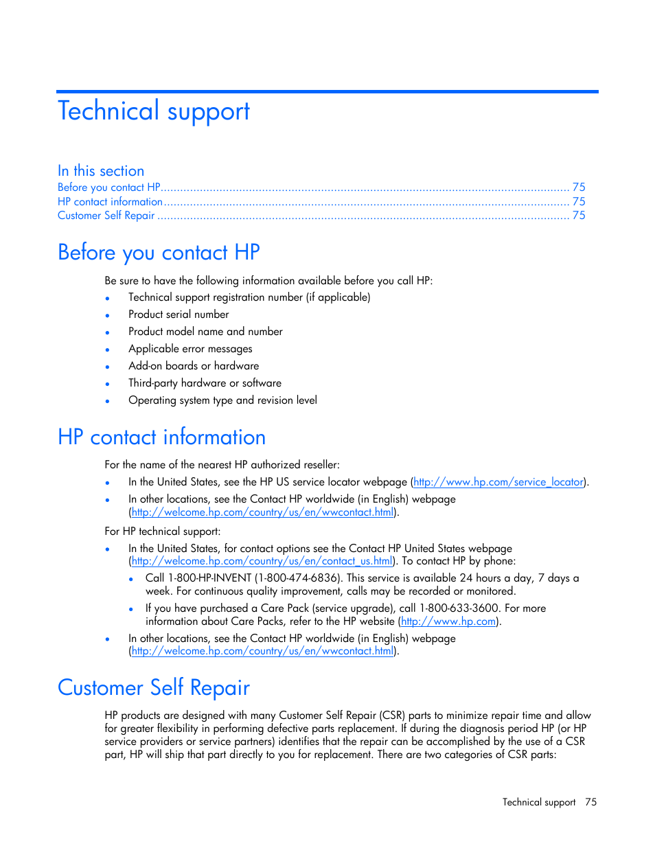 Technical support, Before you contact hp, Hp contact information | Customer self repair | HP ProLiant BL465c Server Blade User Manual | Page 75 / 87