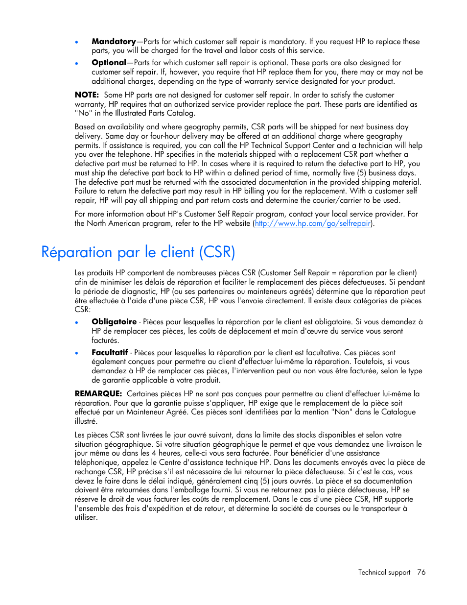 Réparation par le client (csr) | HP ProLiant BL465c Server Blade User Manual | Page 76 / 87