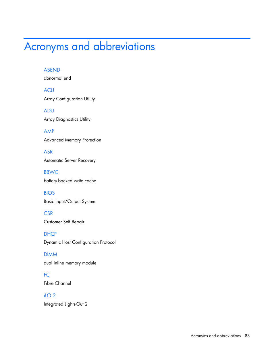 Acronyms and abbreviations | HP ProLiant BL465c Server Blade User Manual | Page 83 / 87