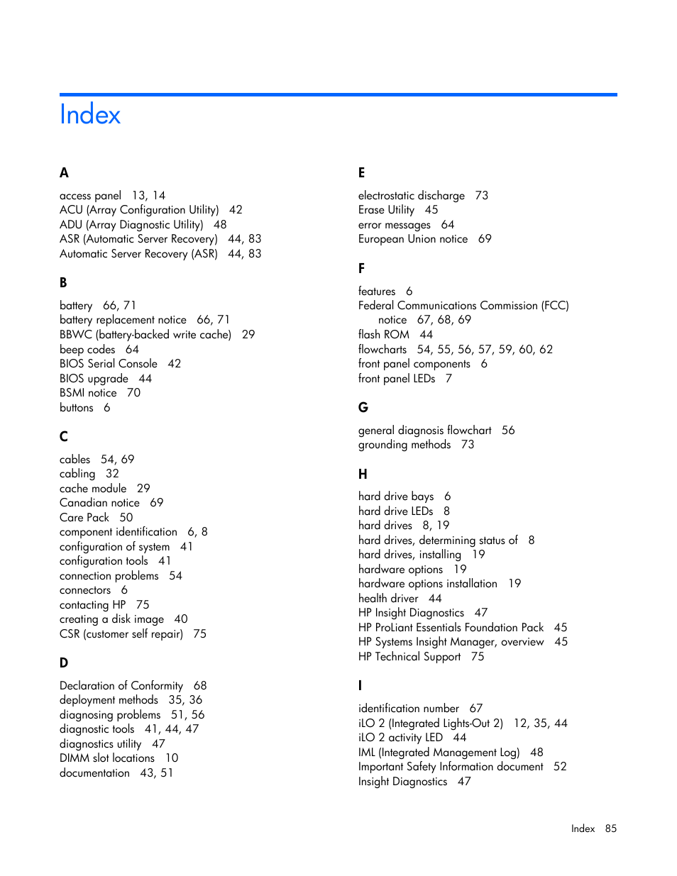 Index | HP ProLiant BL465c Server Blade User Manual | Page 85 / 87