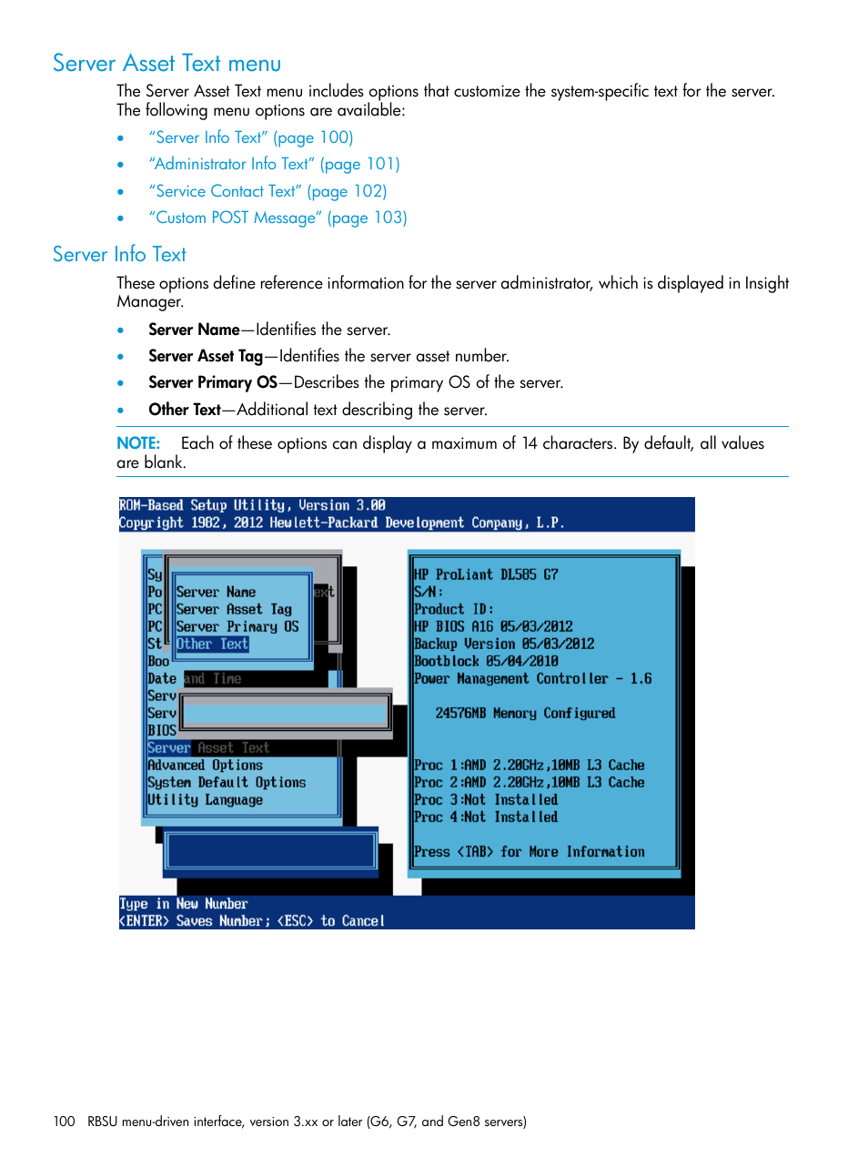 Server asset text menu, Server info text | HP ROM-Based Setup Utility User Manual | Page 100 / 221