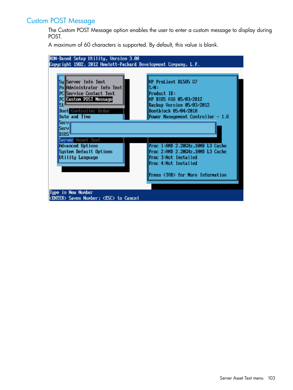 Custom post message | HP ROM-Based Setup Utility User Manual | Page 103 / 221