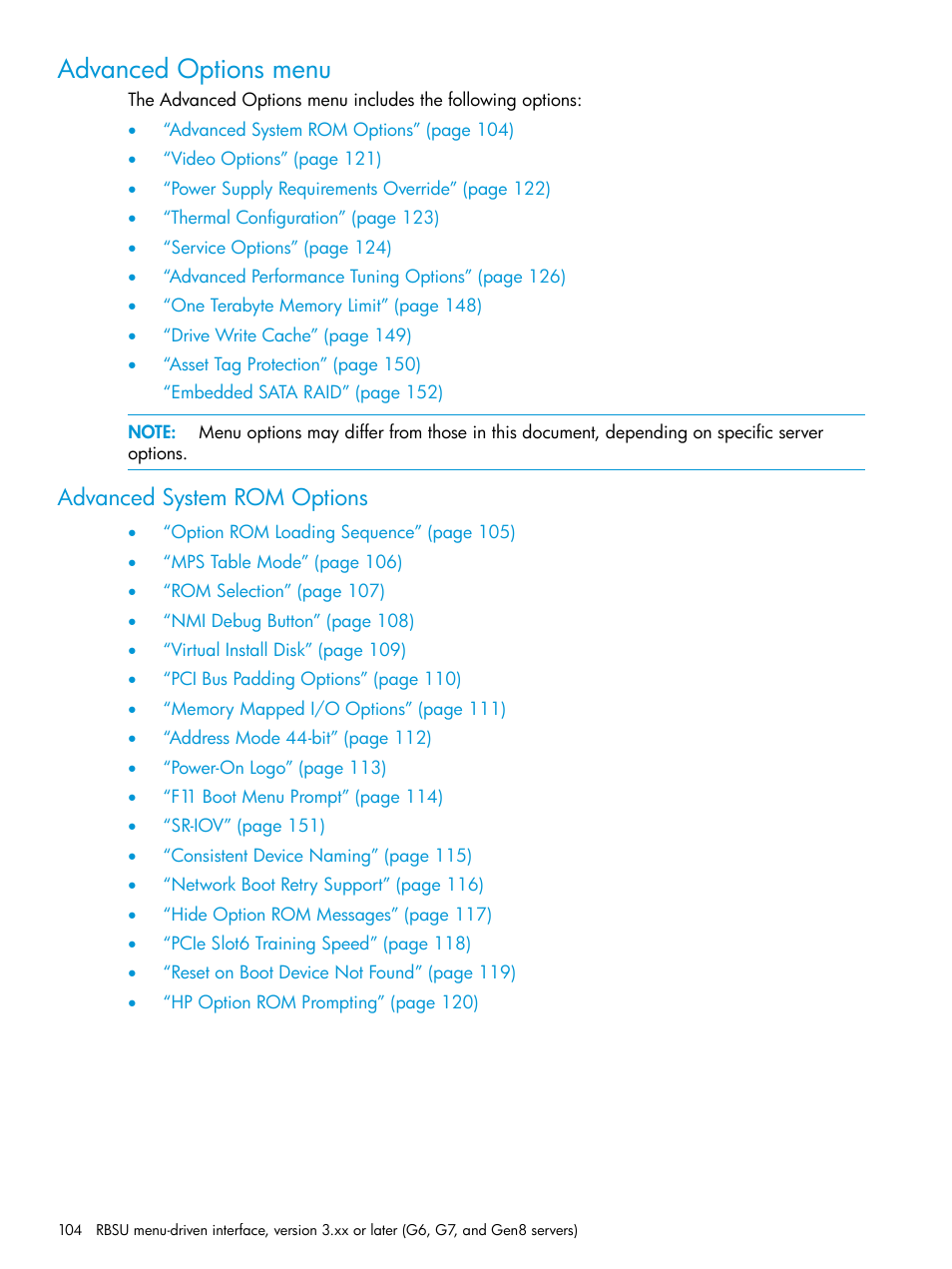 Advanced options menu, Advanced system rom options | HP ROM-Based Setup Utility User Manual | Page 104 / 221