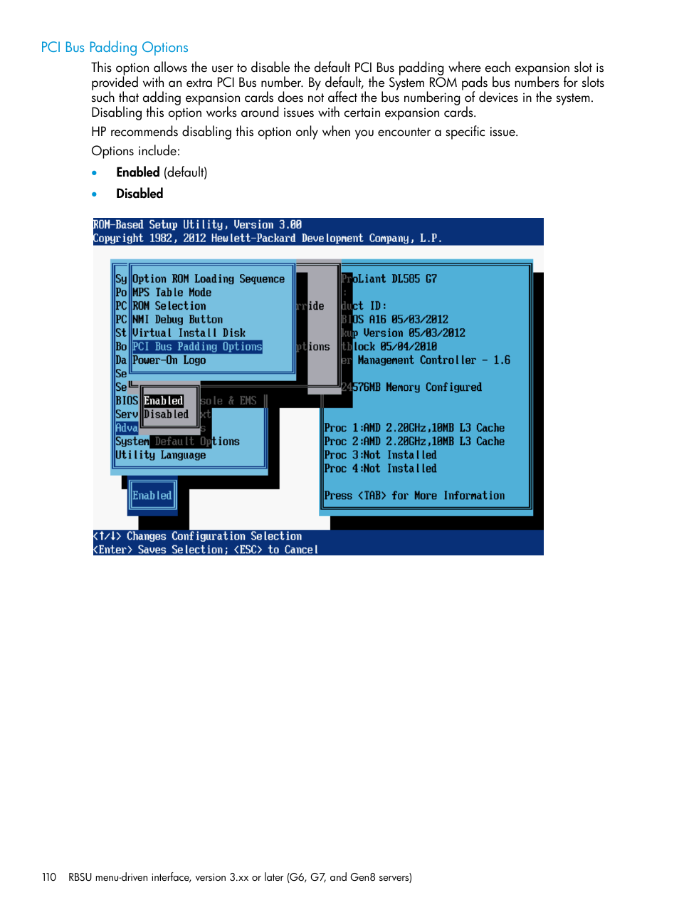Pci bus padding options | HP ROM-Based Setup Utility User Manual | Page 110 / 221