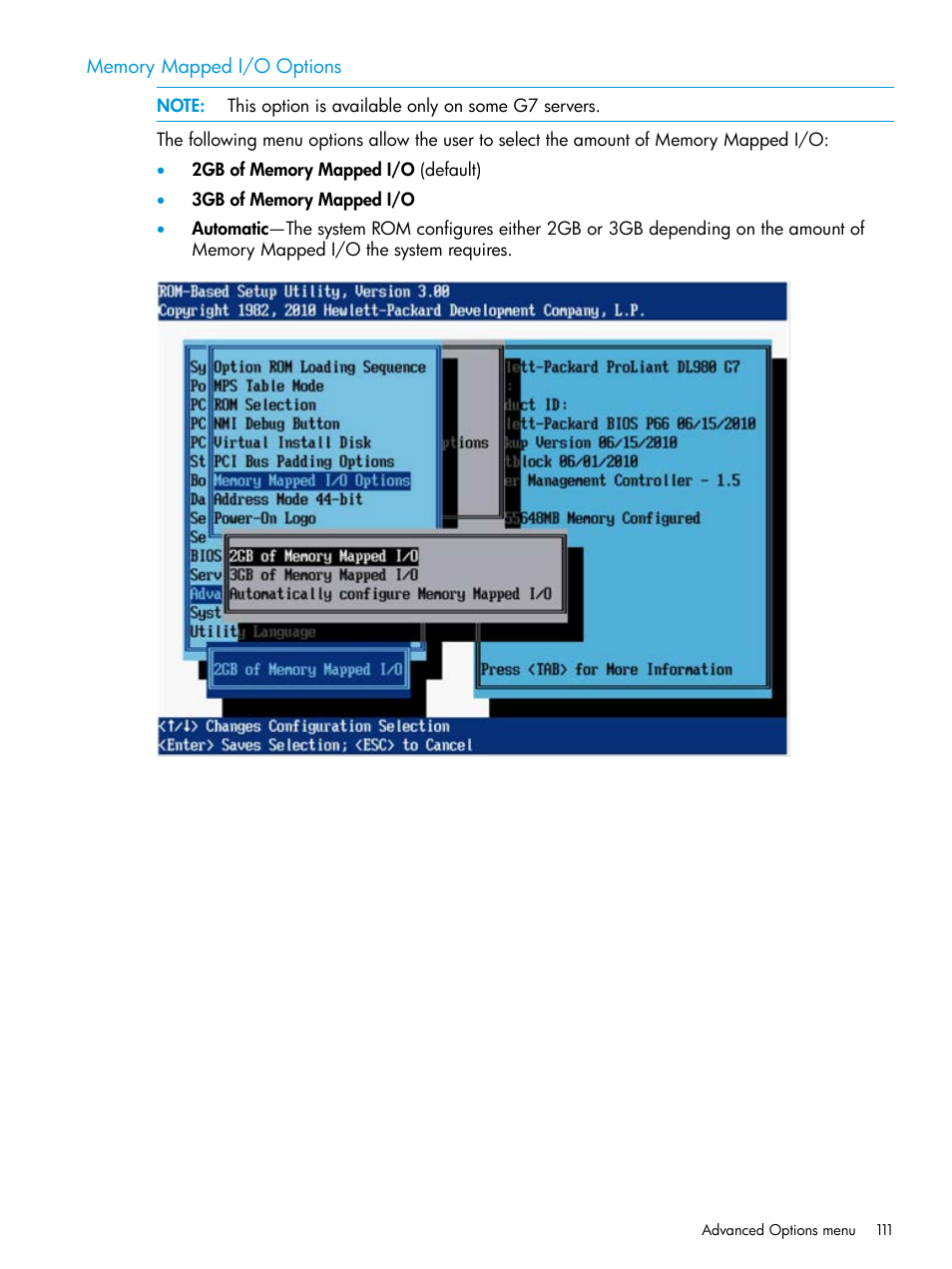 Memory mapped i/o options | HP ROM-Based Setup Utility User Manual | Page 111 / 221