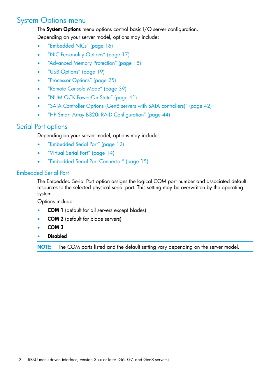 System options menu, Serial port options, Embedded serial port | HP ROM-Based Setup Utility User Manual | Page 12 / 221