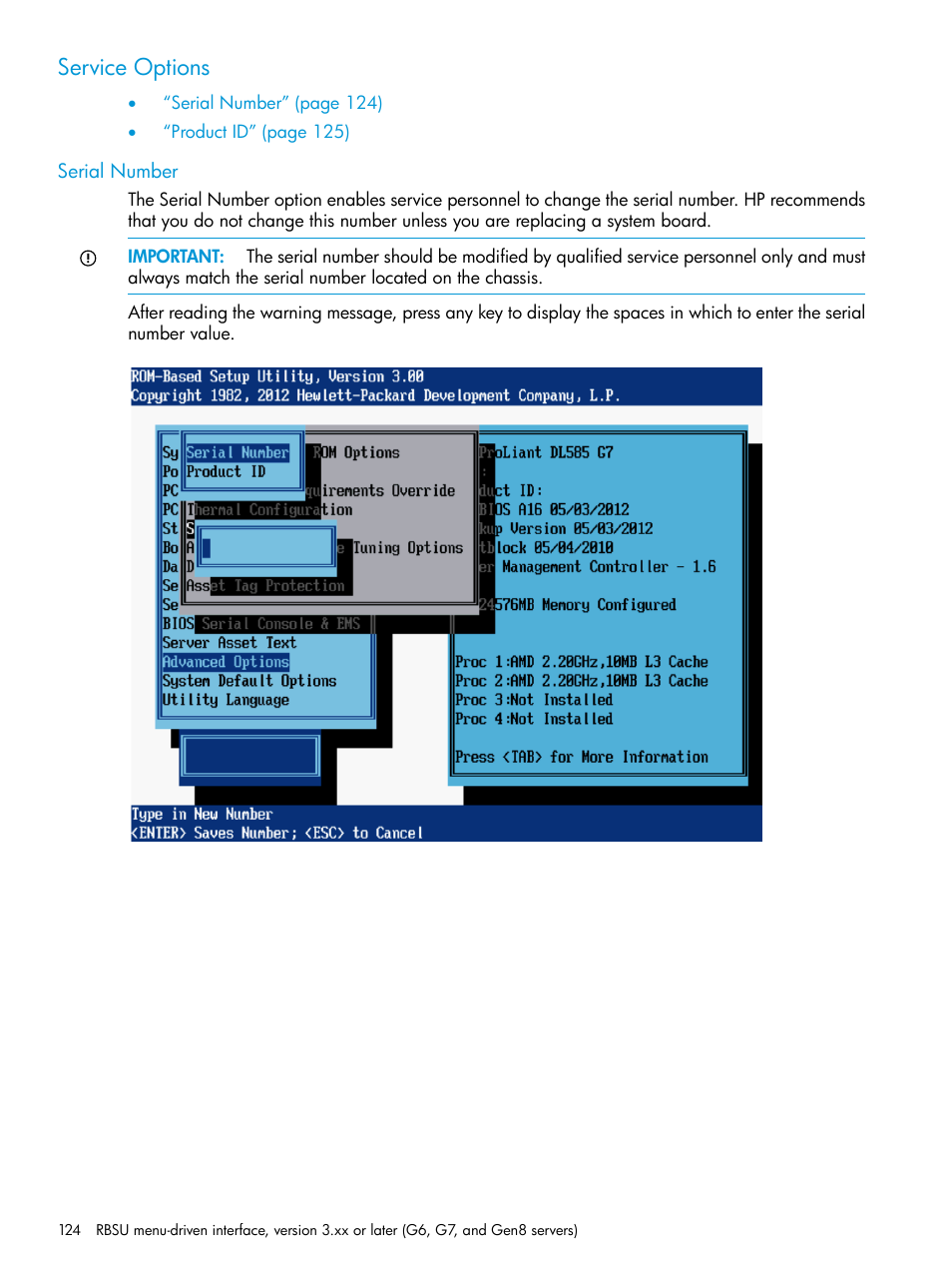 Service options, Serial number | HP ROM-Based Setup Utility User Manual | Page 124 / 221