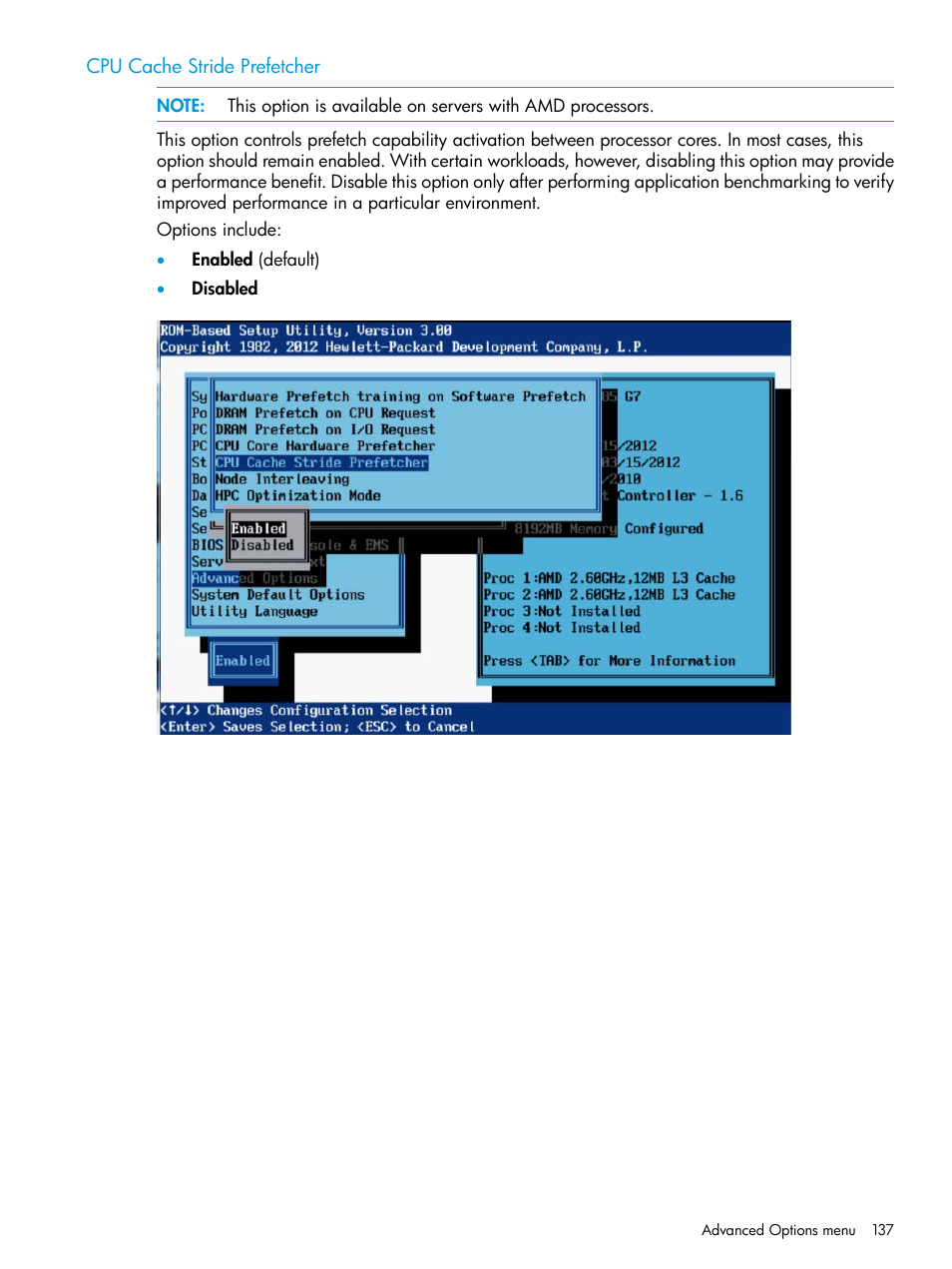 Cpu cache stride prefetcher | HP ROM-Based Setup Utility User Manual | Page 137 / 221