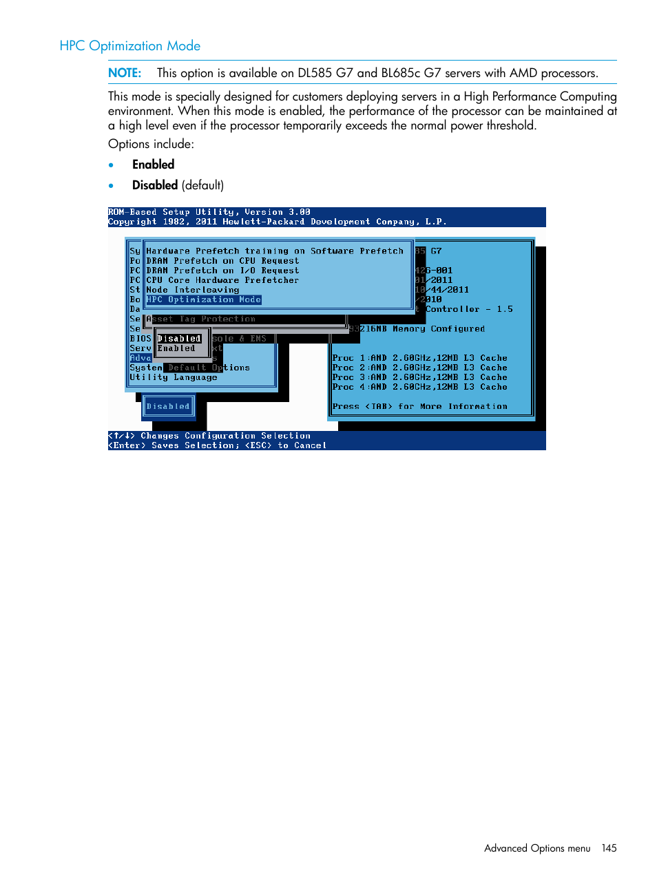 Hpc optimization mode | HP ROM-Based Setup Utility User Manual | Page 145 / 221
