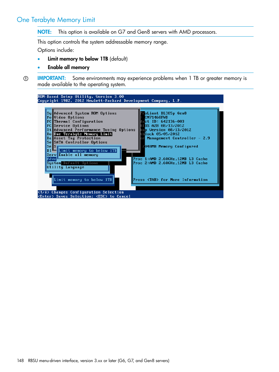 One terabyte memory limit | HP ROM-Based Setup Utility User Manual | Page 148 / 221