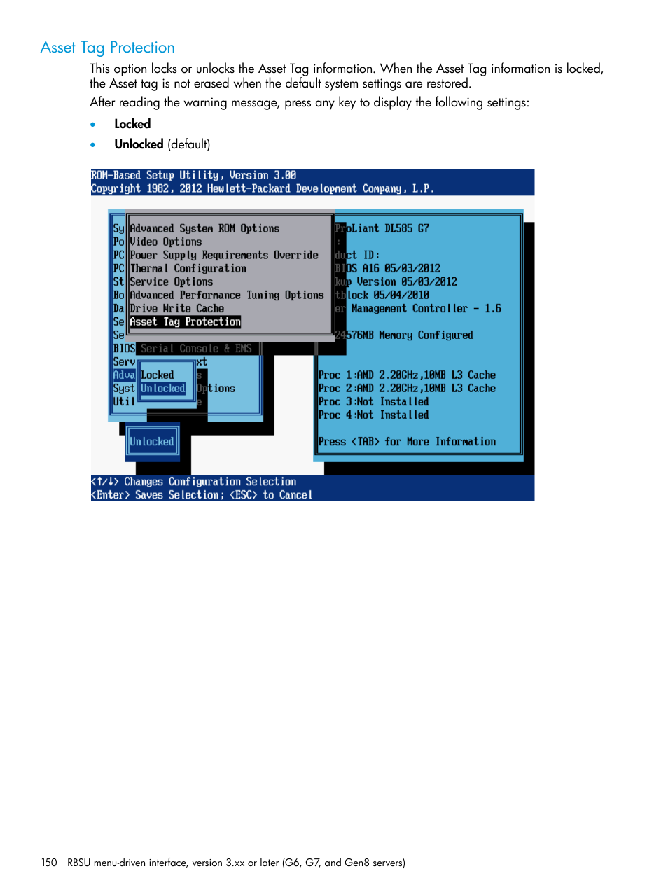 Asset tag protection | HP ROM-Based Setup Utility User Manual | Page 150 / 221