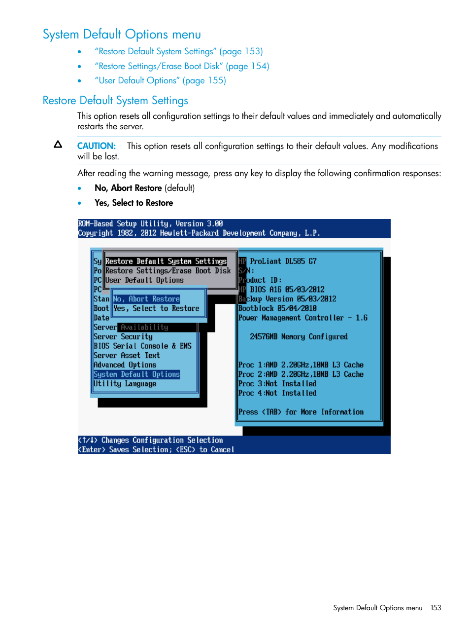 System default options menu, Restore default system settings | HP ROM-Based Setup Utility User Manual | Page 153 / 221