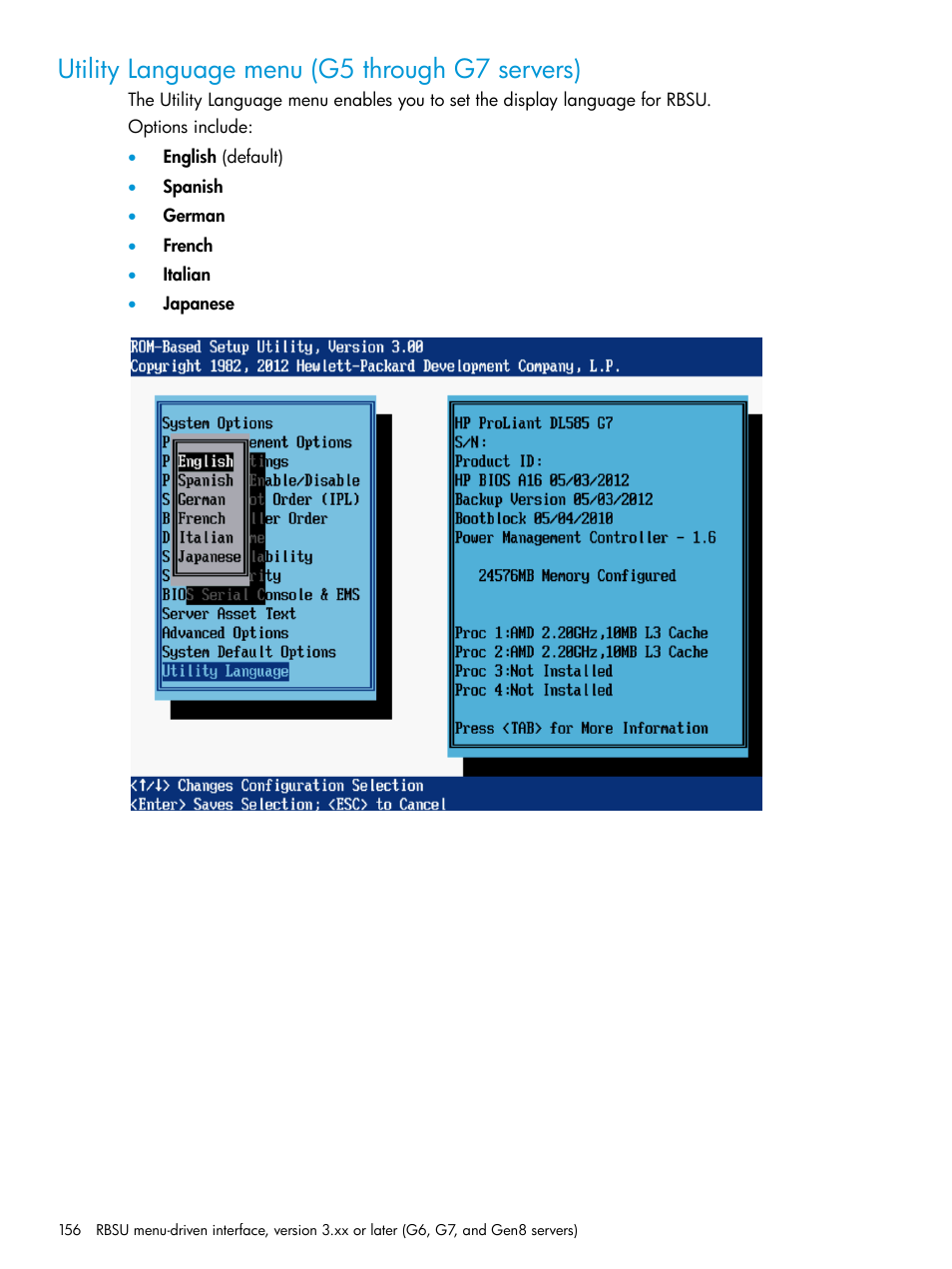 Utility language menu (g5 through g7 servers) | HP ROM-Based Setup Utility User Manual | Page 156 / 221