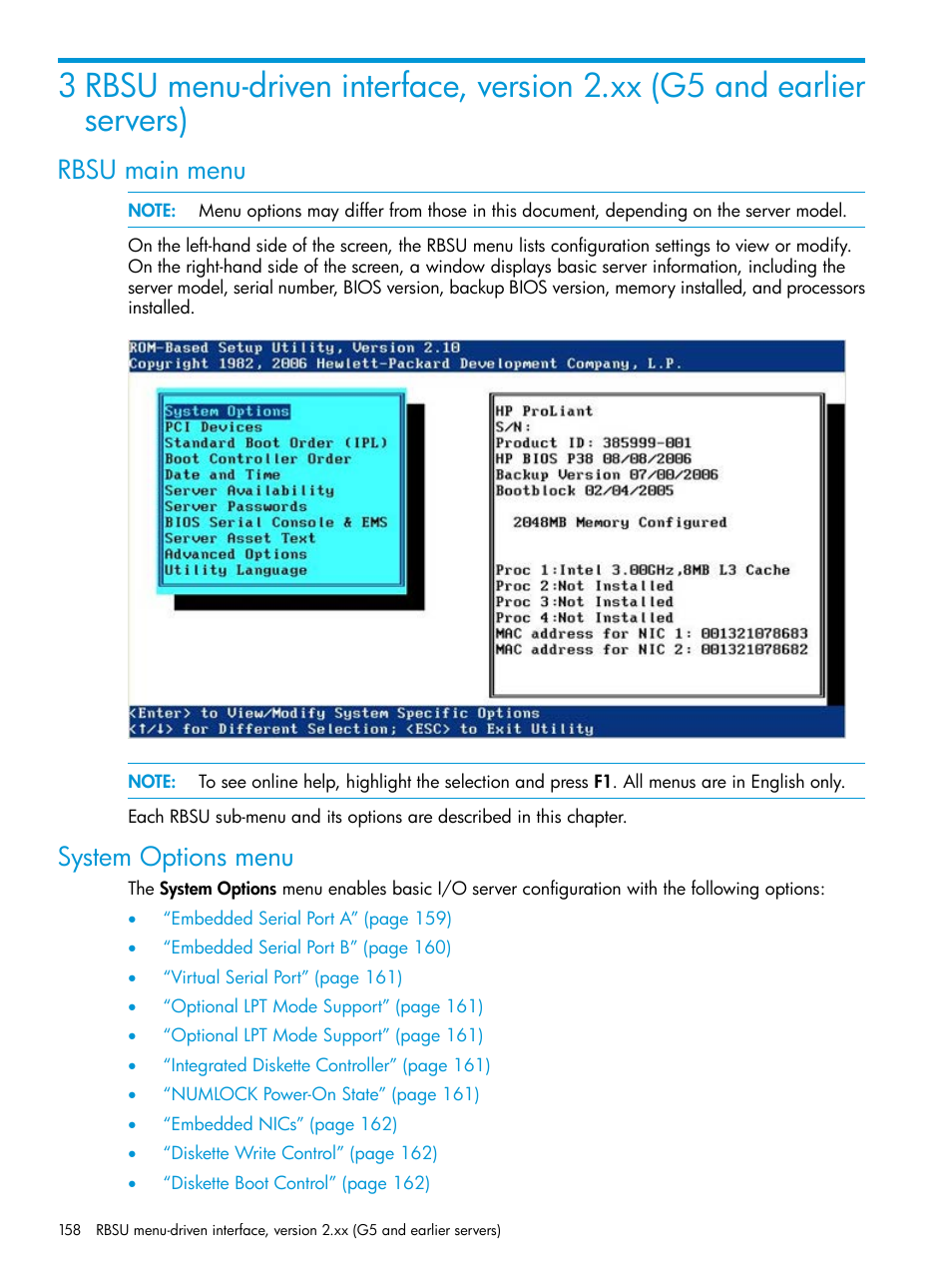Rbsu main menu, System options menu, Rbsu main menu system options menu | HP ROM-Based Setup Utility User Manual | Page 158 / 221