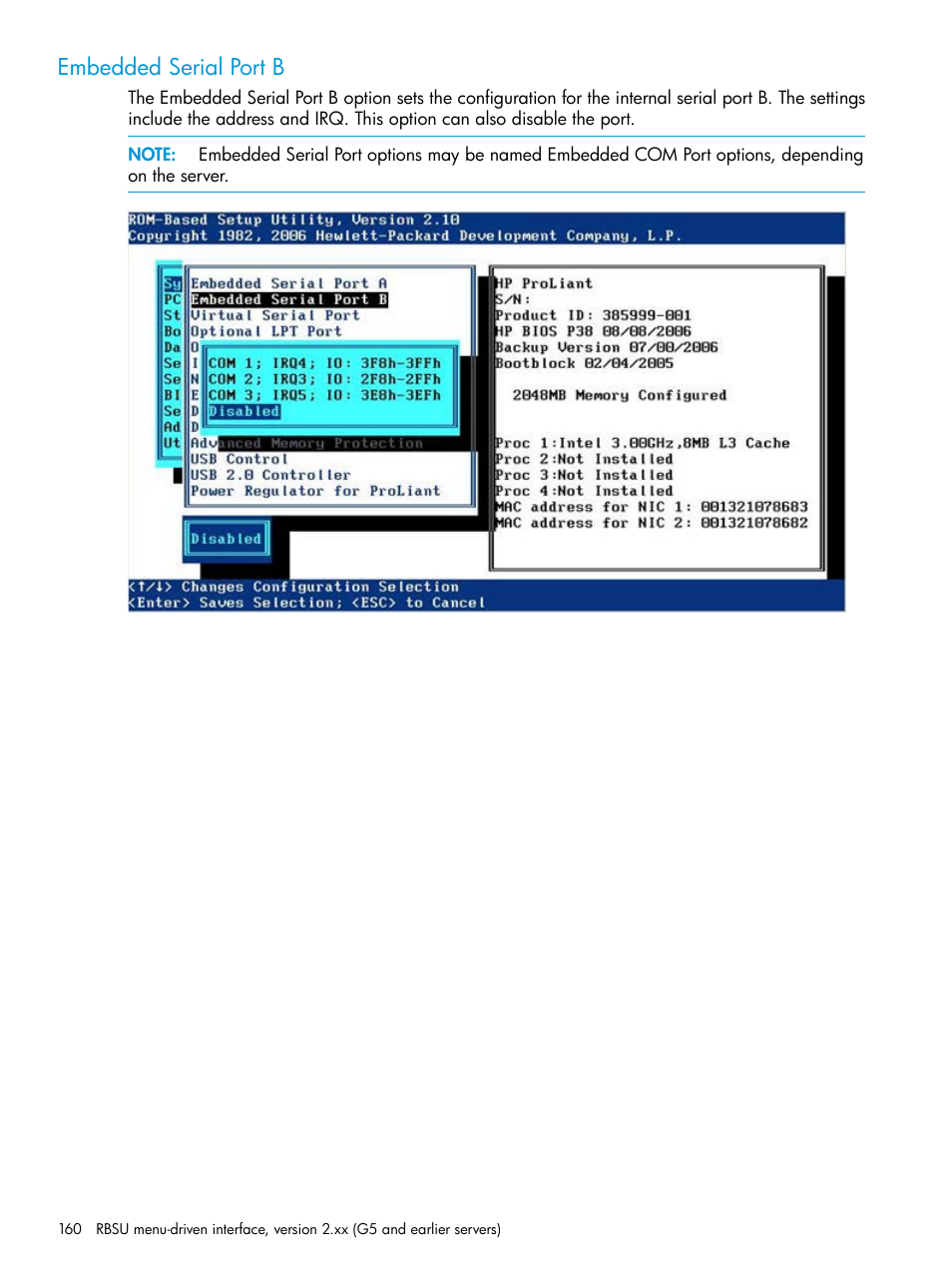 Embedded serial port b | HP ROM-Based Setup Utility User Manual | Page 160 / 221