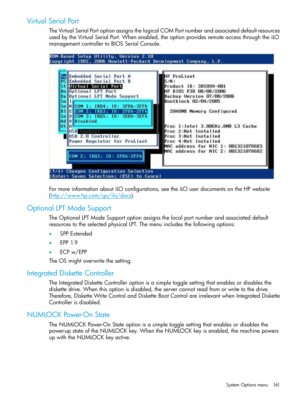 Virtual serial port, Optional lpt mode support, Integrated diskette controller | Numlock power-on state | HP ROM-Based Setup Utility User Manual | Page 161 / 221