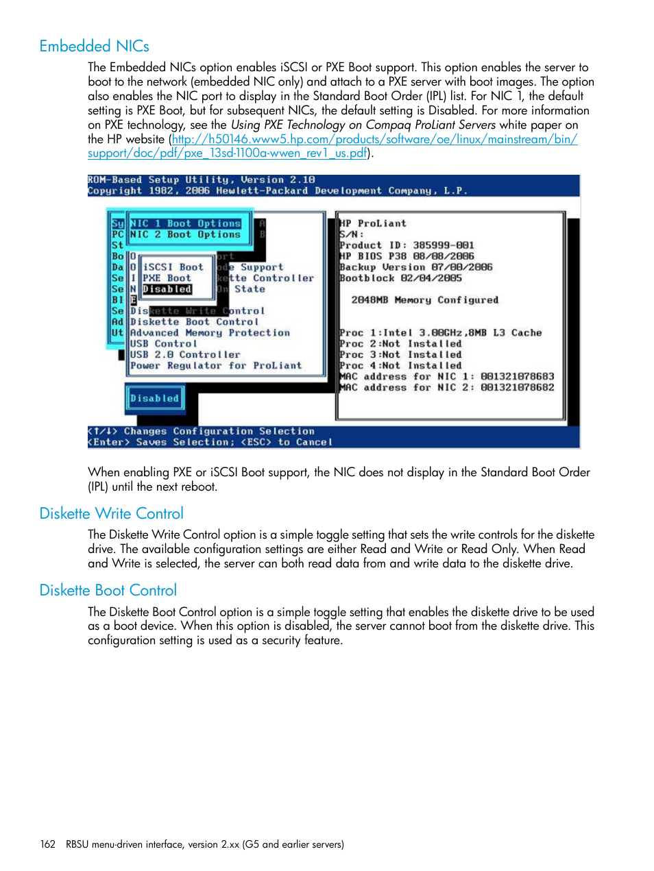 Embedded nics, Diskette write control, Diskette boot control | HP ROM-Based Setup Utility User Manual | Page 162 / 221