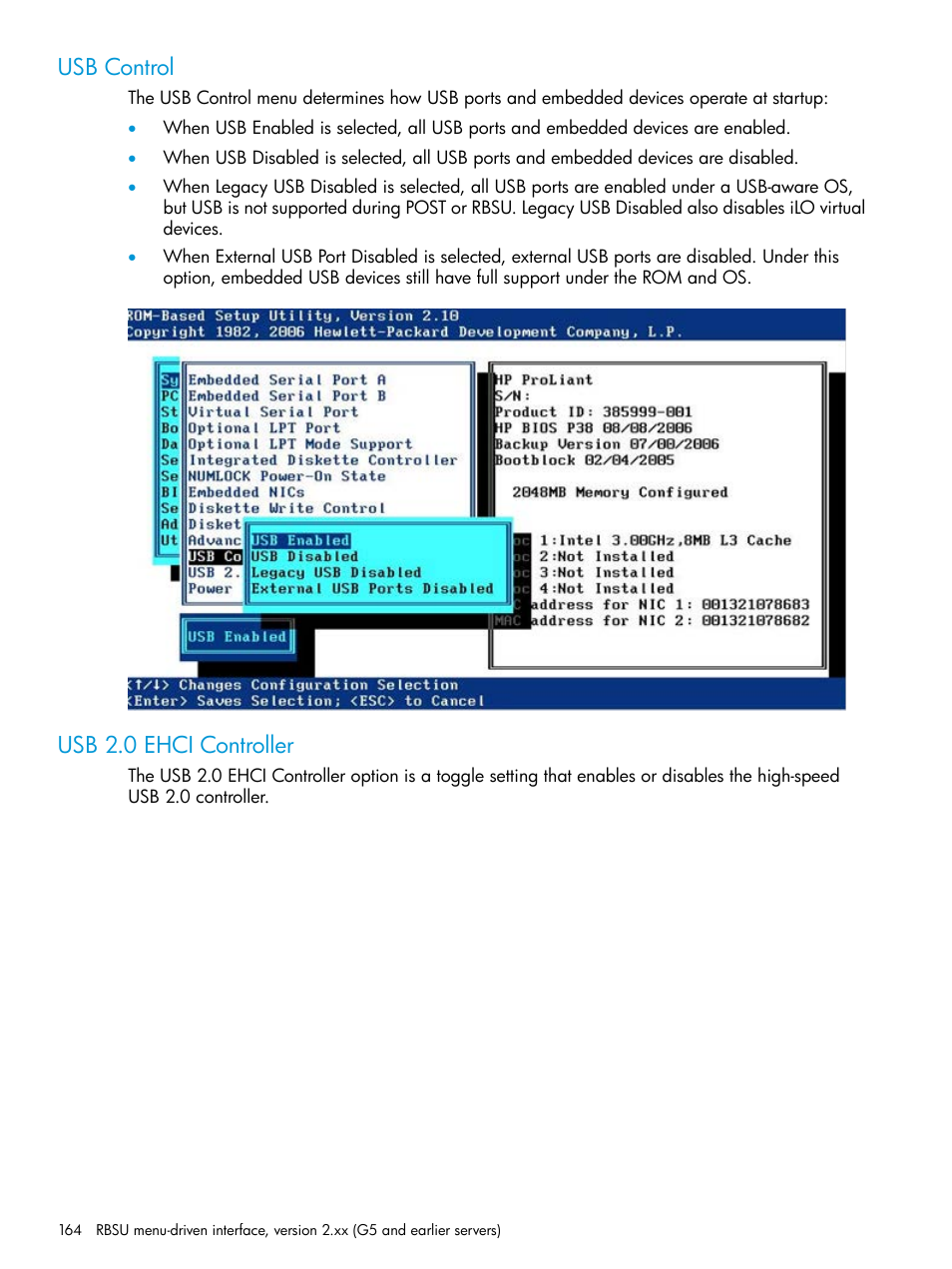 Usb control, Usb 2.0 ehci controller, Usb control usb 2.0 ehci controller | HP ROM-Based Setup Utility User Manual | Page 164 / 221