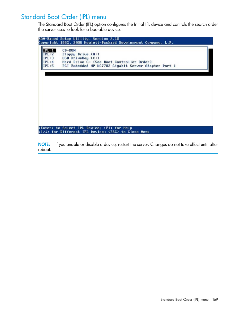 Standard boot order (ipl) menu | HP ROM-Based Setup Utility User Manual | Page 169 / 221