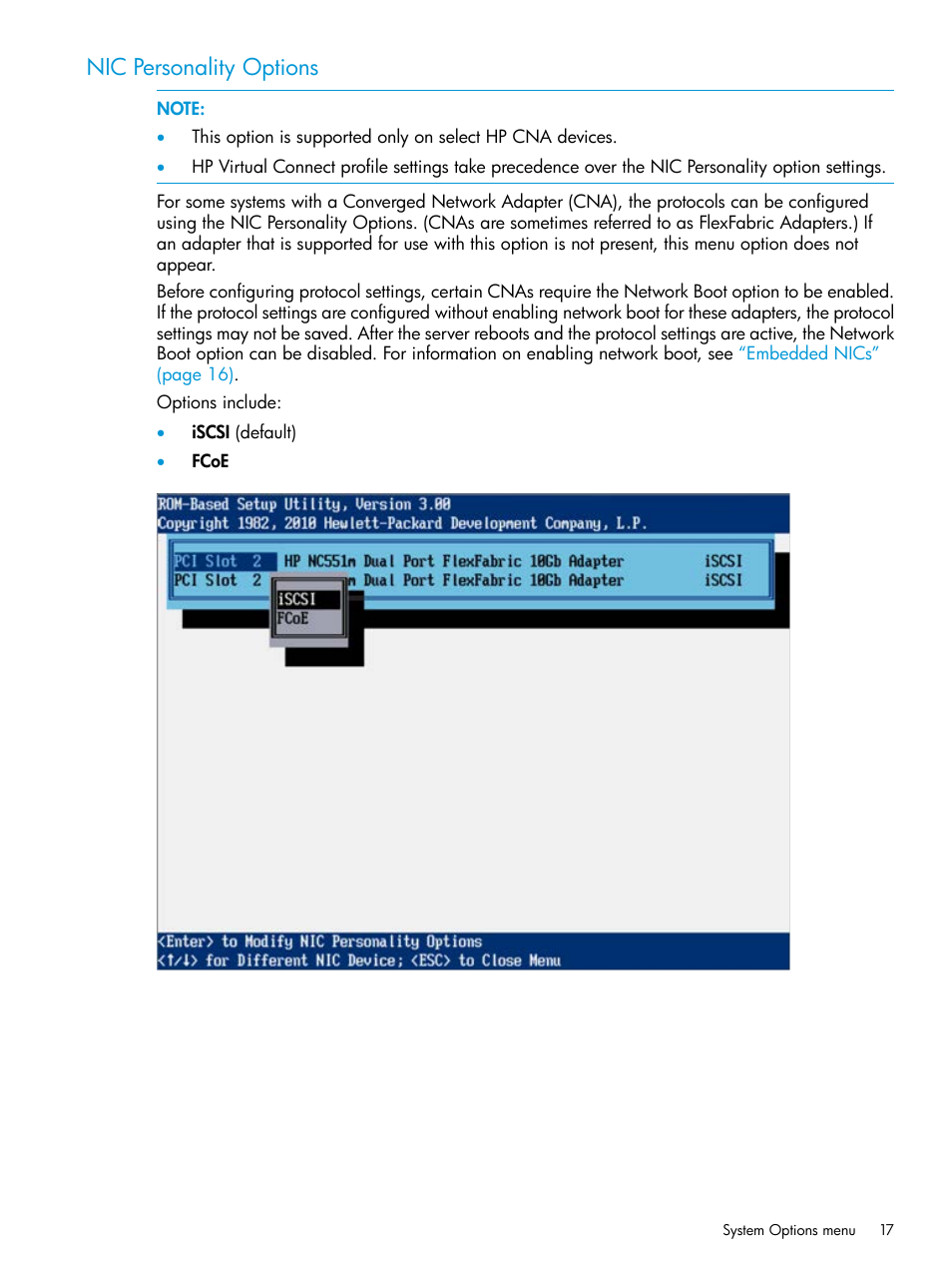 Nic personality options | HP ROM-Based Setup Utility User Manual | Page 17 / 221