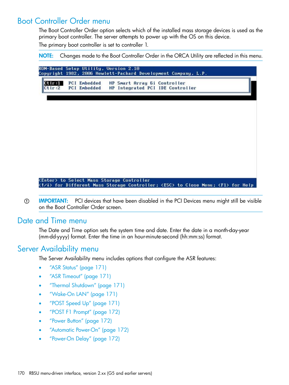 Boot controller order menu, Date and time menu, Server availability menu | HP ROM-Based Setup Utility User Manual | Page 170 / 221