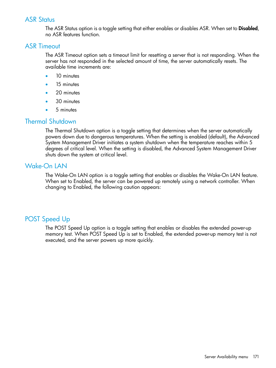 Asr status, Asr timeout, Thermal shutdown | Wake-on lan, Post speed up | HP ROM-Based Setup Utility User Manual | Page 171 / 221
