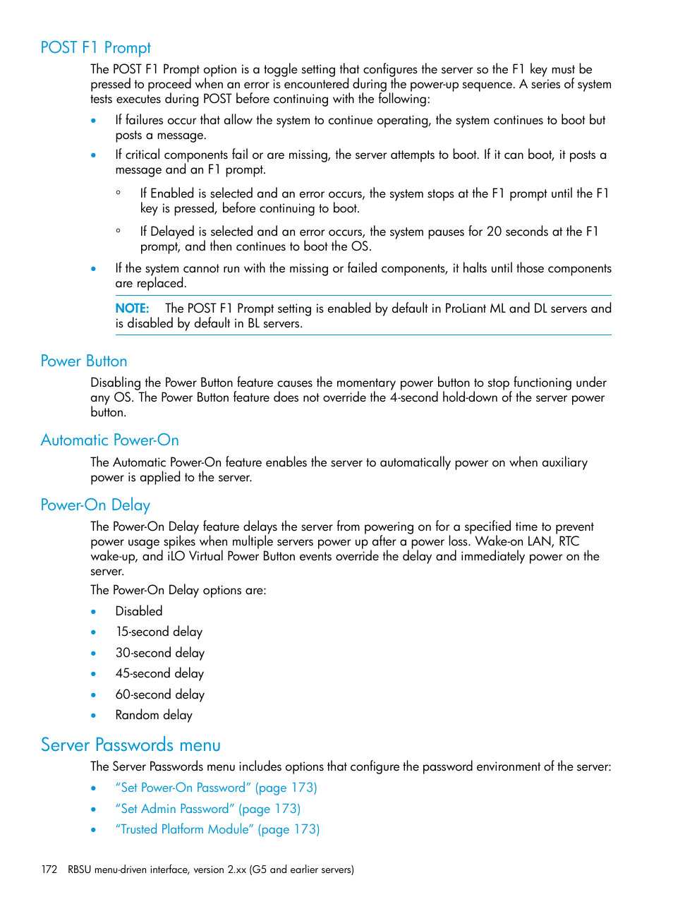 Post f1 prompt, Power button, Automatic power-on | Power-on delay, Server passwords menu | HP ROM-Based Setup Utility User Manual | Page 172 / 221