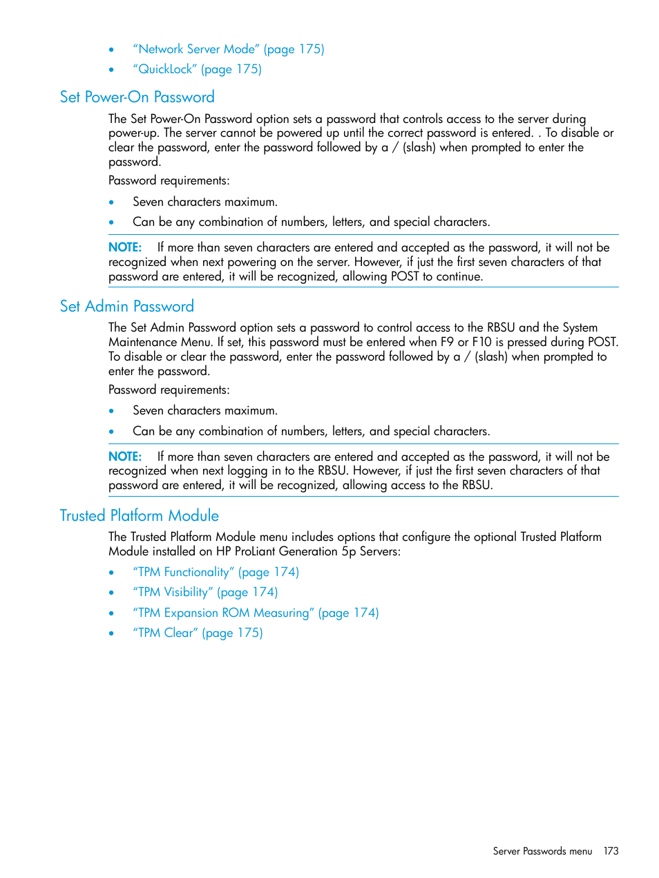 Set power-on password, Set admin password, Trusted platform module | HP ROM-Based Setup Utility User Manual | Page 173 / 221