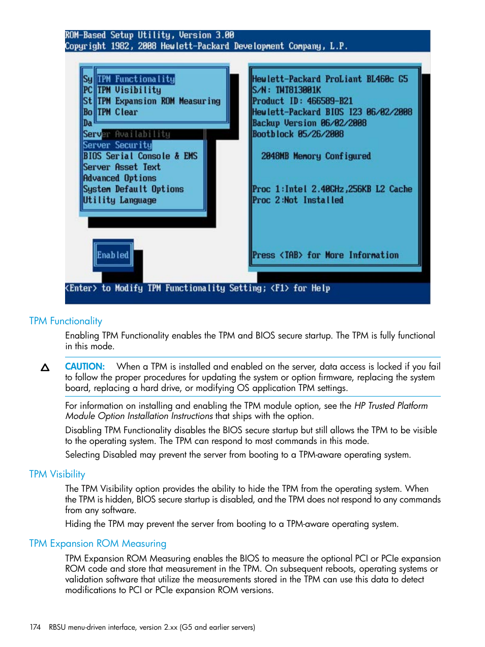 Tpm functionality, Tpm visibility, Tpm expansion rom measuring | HP ROM-Based Setup Utility User Manual | Page 174 / 221