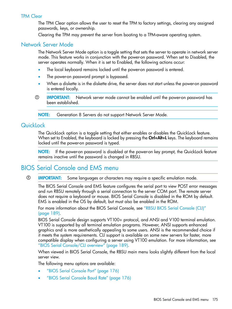 Tpm clear, Network server mode, Quicklock | Bios serial console and ems menu, Network server mode quicklock | HP ROM-Based Setup Utility User Manual | Page 175 / 221