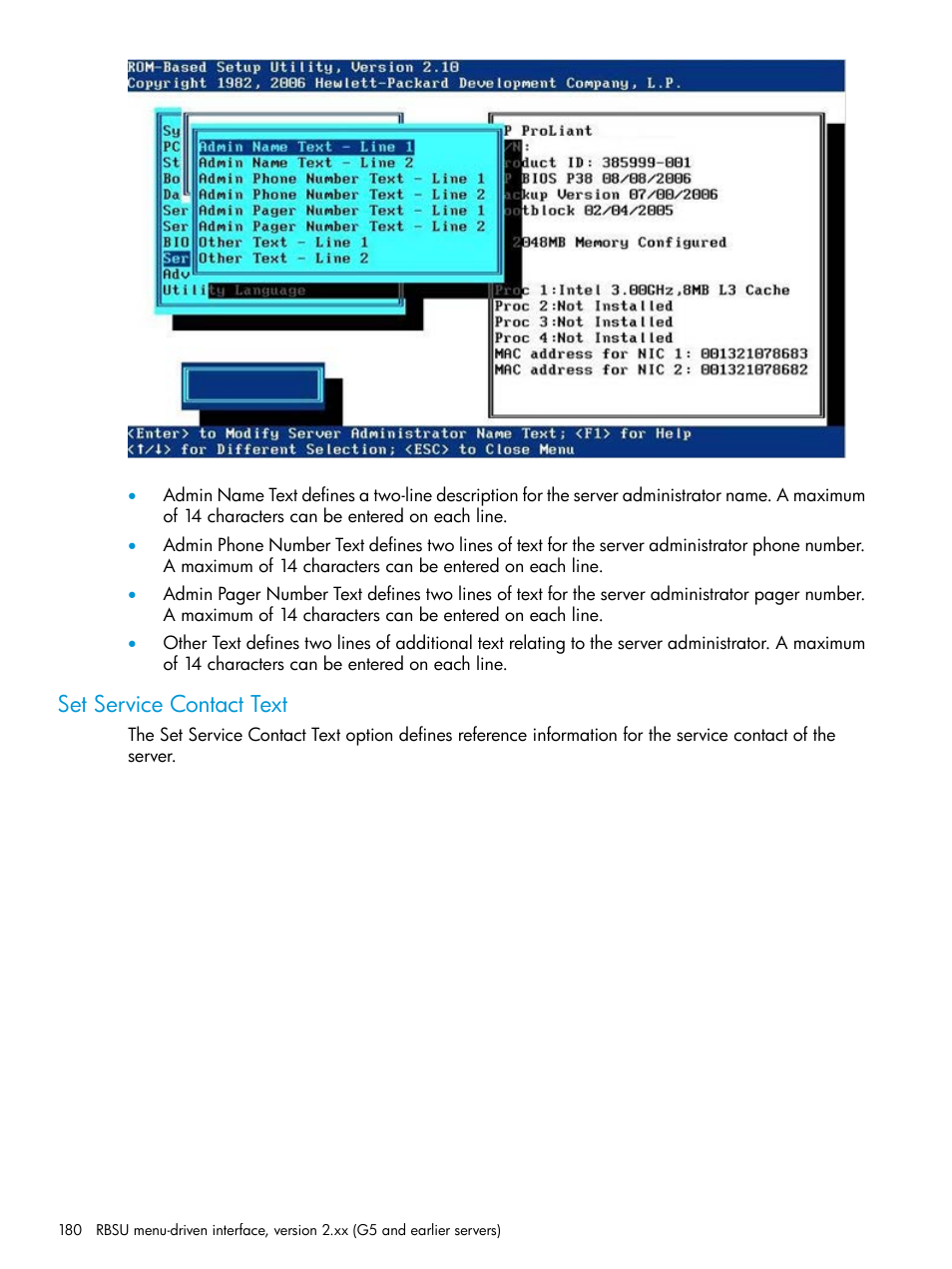 Set service contact text | HP ROM-Based Setup Utility User Manual | Page 180 / 221