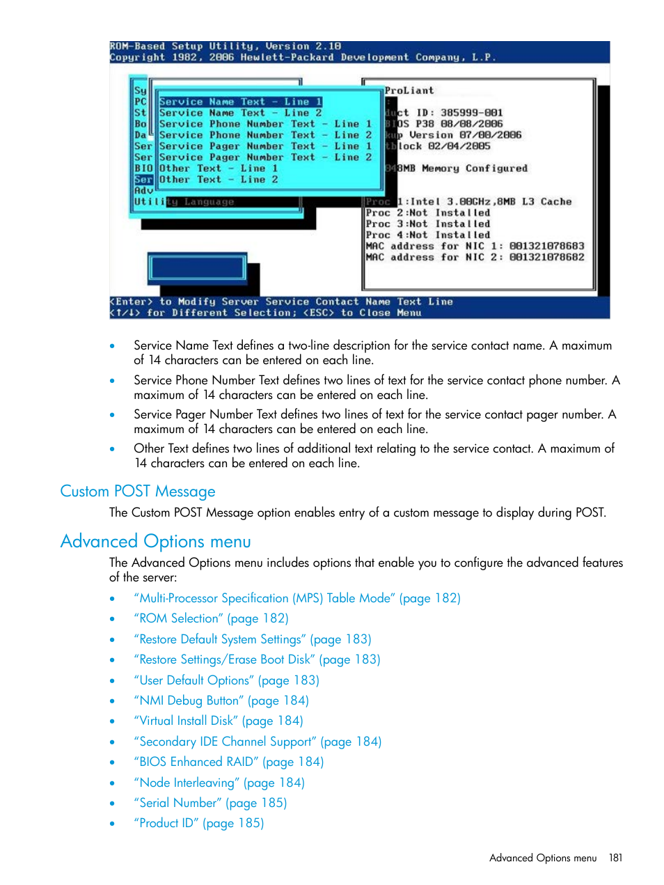 Custom post message, Advanced options menu | HP ROM-Based Setup Utility User Manual | Page 181 / 221