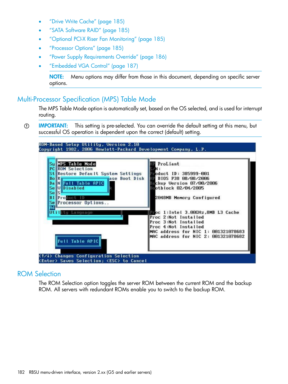 Multi-processor specification (mps) table mode, Rom selection | HP ROM-Based Setup Utility User Manual | Page 182 / 221