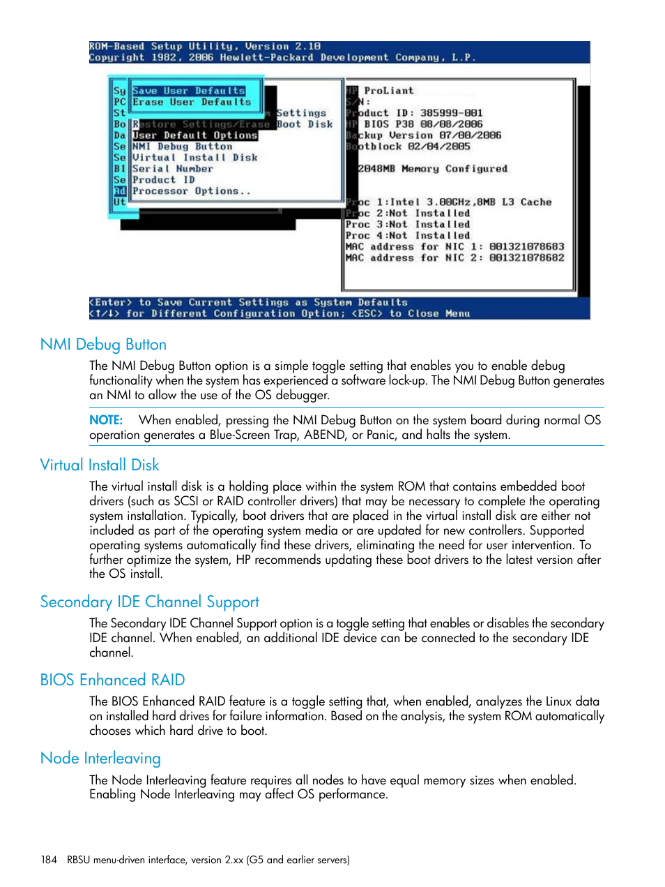 Nmi debug button, Virtual install disk, Secondary ide channel support | Bios enhanced raid, Node interleaving | HP ROM-Based Setup Utility User Manual | Page 184 / 221