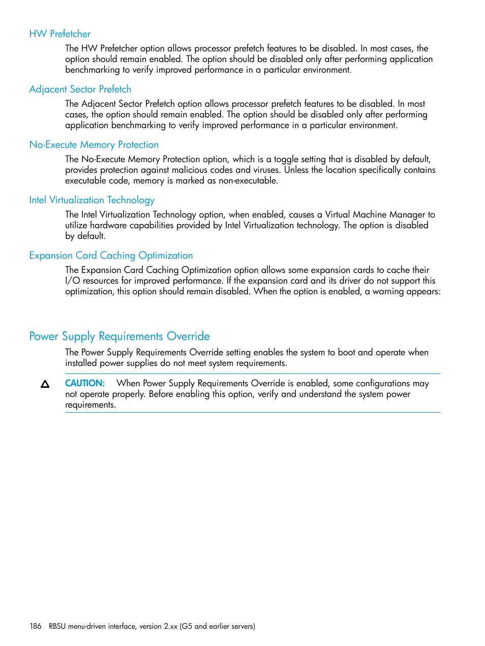Hw prefetcher, Adjacent sector prefetch, No-execute memory protection | Intel virtualization technology, Expansion card caching optimization, Power supply requirements override | HP ROM-Based Setup Utility User Manual | Page 186 / 221