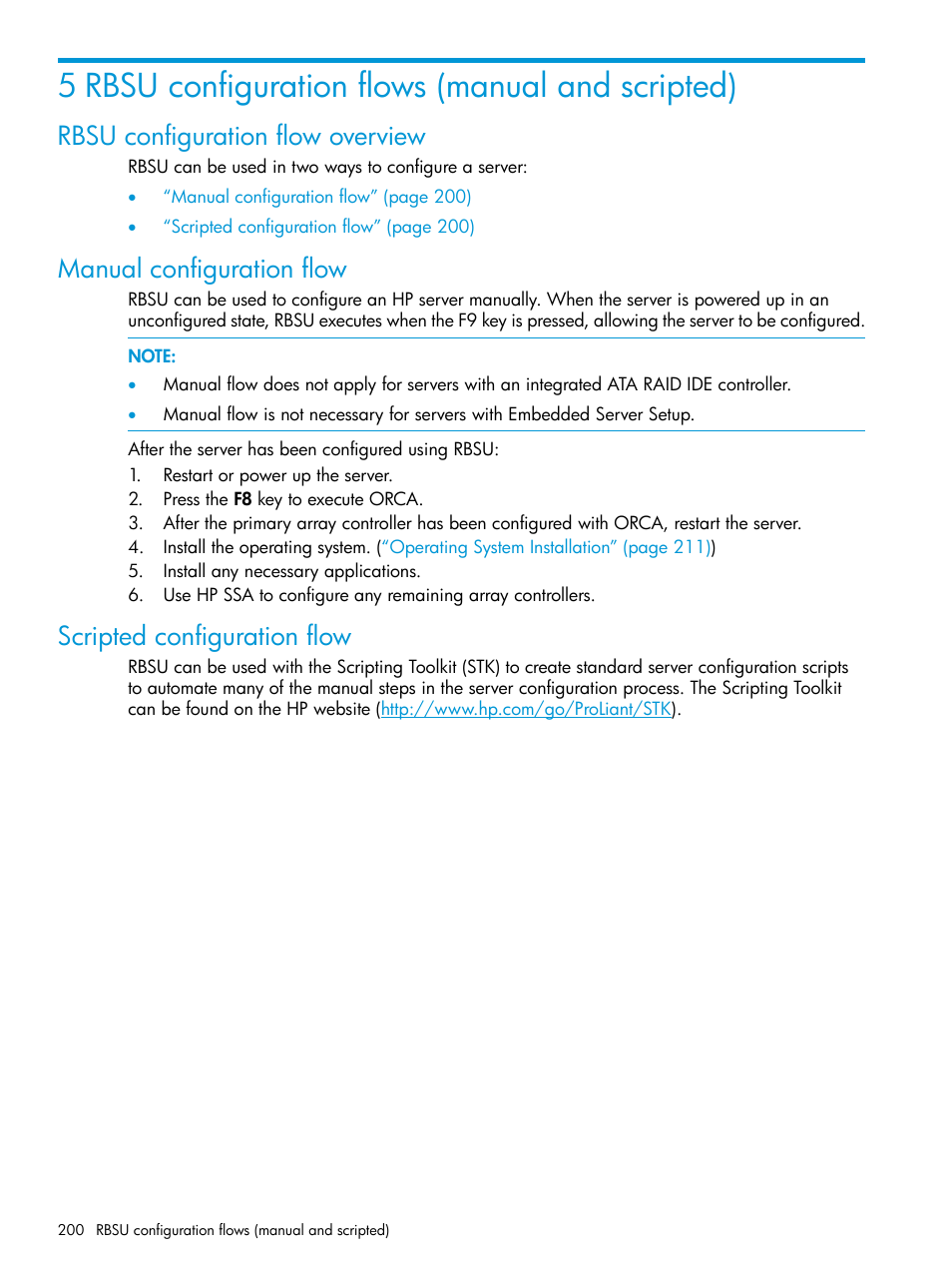 5 rbsu configuration flows (manual and scripted), Rbsu configuration flow overview, Manual configuration flow | Scripted configuration flow | HP ROM-Based Setup Utility User Manual | Page 200 / 221