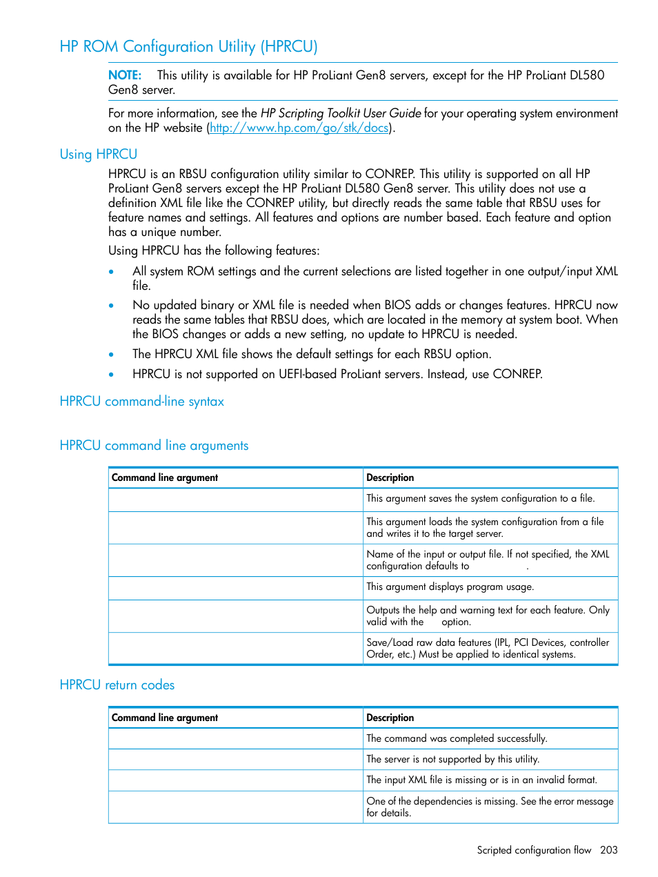 Hp rom configuration utility (hprcu), Using hprcu, Hprcu command-line syntax | Hprcu command line arguments, Hprcu return codes | HP ROM-Based Setup Utility User Manual | Page 203 / 221