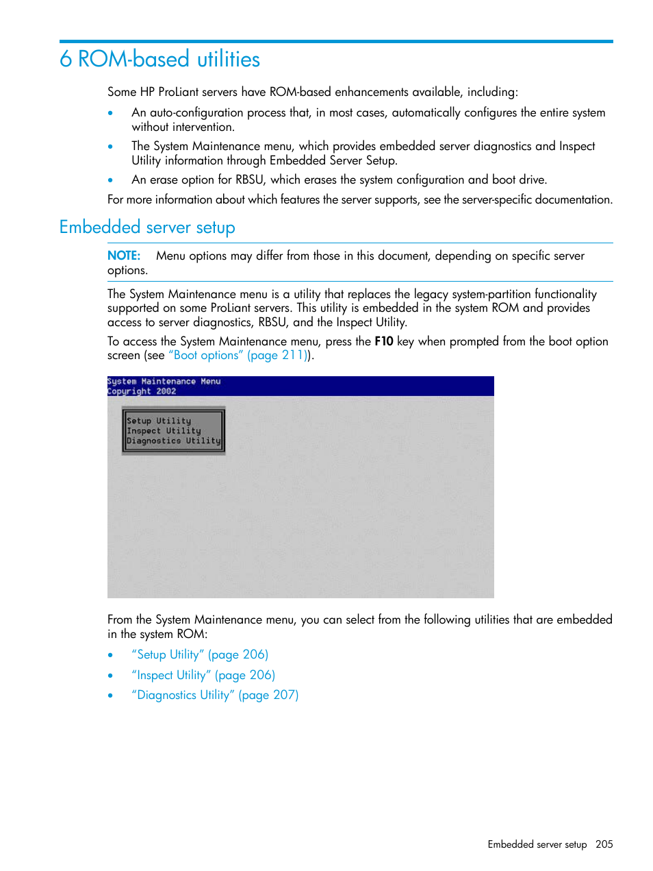 6 rom-based utilities, Embedded server setup | HP ROM-Based Setup Utility User Manual | Page 205 / 221