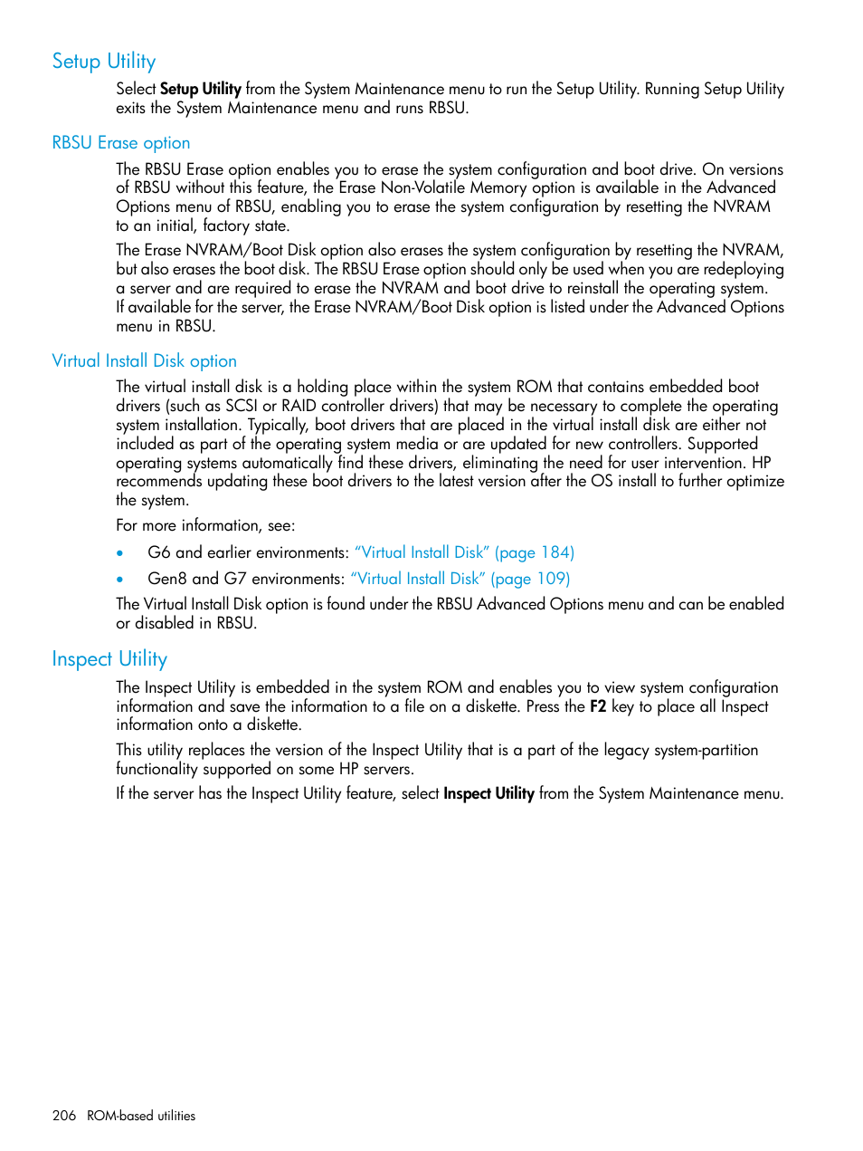 Setup utility, Rbsu erase option, Virtual install disk option | Inspect utility, Rbsu erase option virtual install disk option | HP ROM-Based Setup Utility User Manual | Page 206 / 221