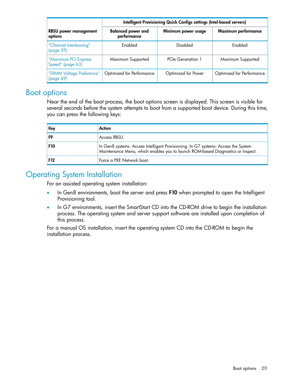 Boot options, Operating system installation, Boot options operating system installation | HP ROM-Based Setup Utility User Manual | Page 211 / 221