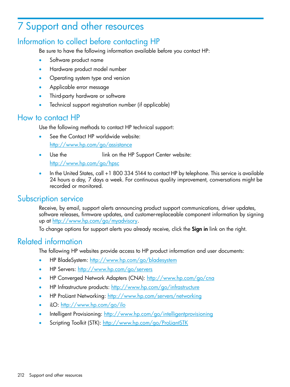 7 support and other resources, Information to collect before contacting hp, How to contact hp | Subscription service, Related information | HP ROM-Based Setup Utility User Manual | Page 212 / 221