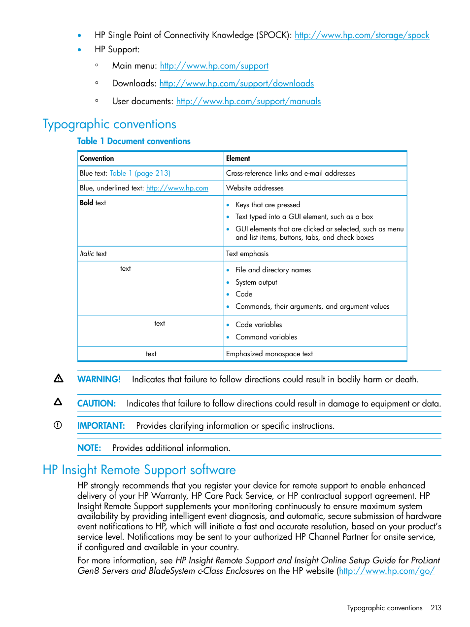 Typographic conventions, Hp insight remote support software | HP ROM-Based Setup Utility User Manual | Page 213 / 221