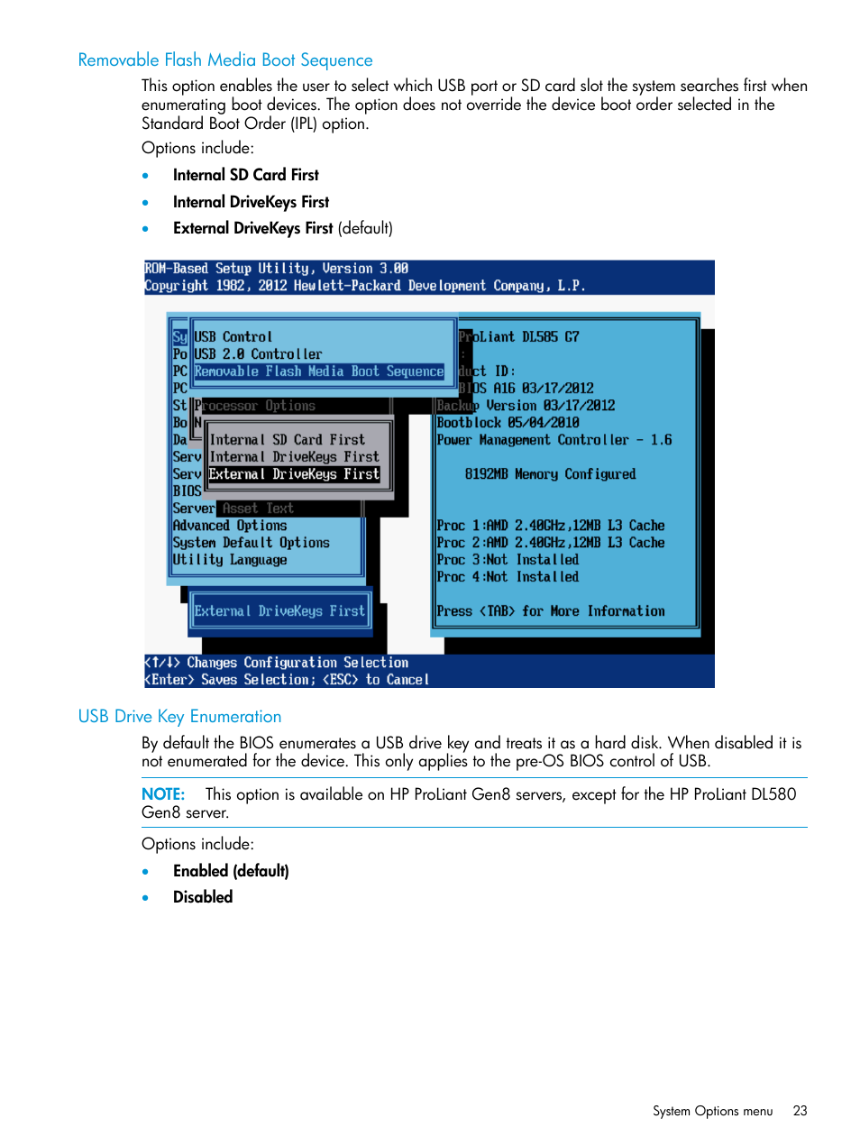 Removable flash media boot sequence, Usb drive key enumeration | HP ROM-Based Setup Utility User Manual | Page 23 / 221