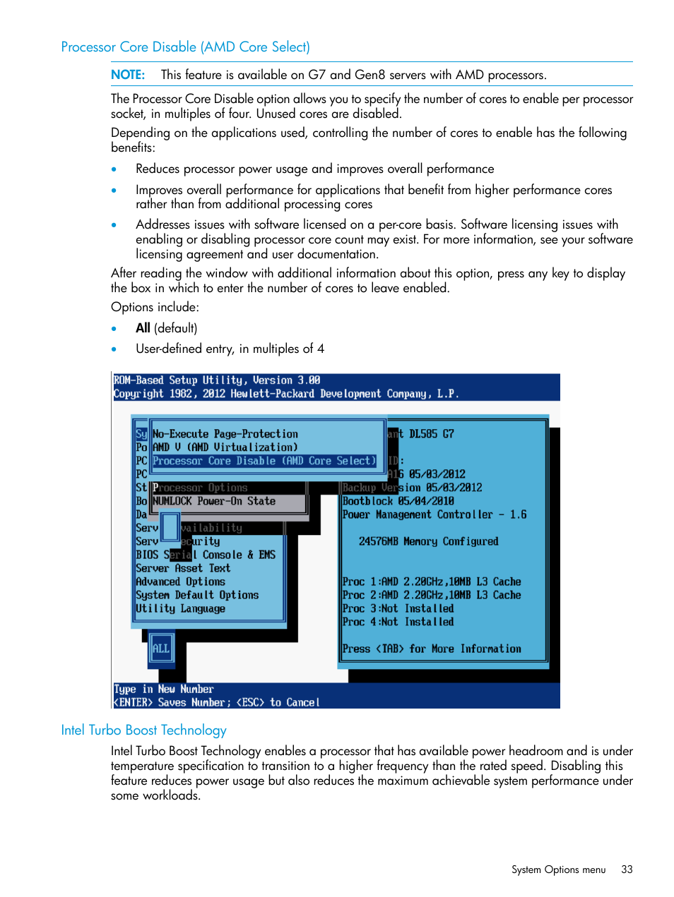 Processor core disable (amd core select), Intel turbo boost technology | HP ROM-Based Setup Utility User Manual | Page 33 / 221