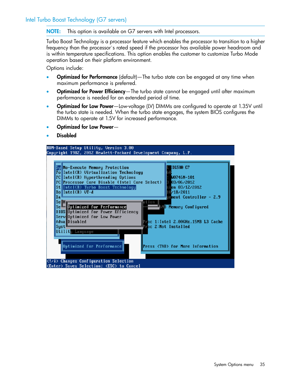 Intel turbo boost technology (g7 servers) | HP ROM-Based Setup Utility User Manual | Page 35 / 221