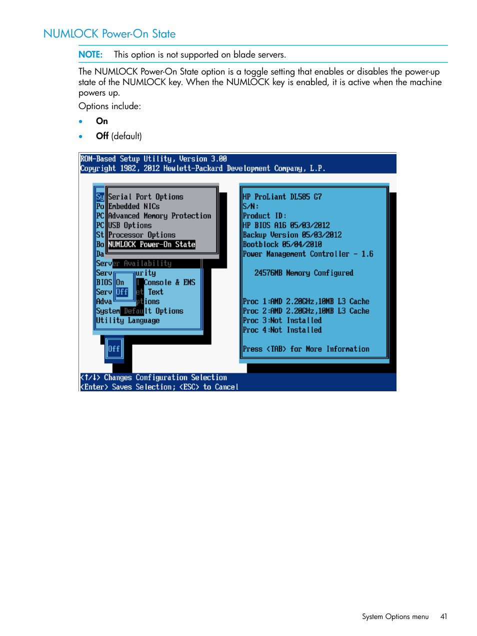 Numlock power-on state | HP ROM-Based Setup Utility User Manual | Page 41 / 221