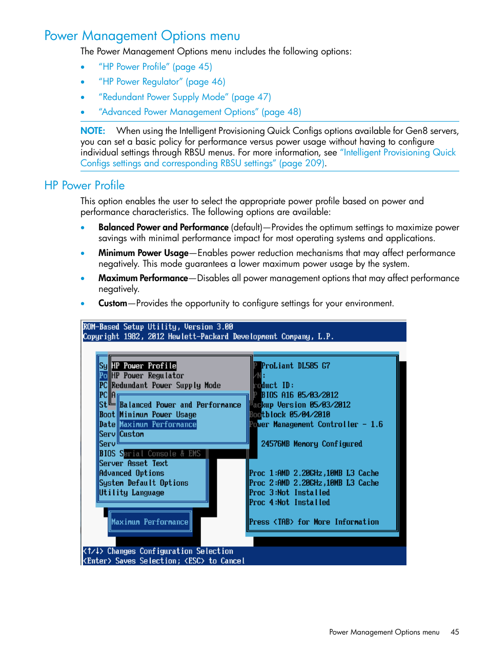 Power management options menu, Hp power profile | HP ROM-Based Setup Utility User Manual | Page 45 / 221
