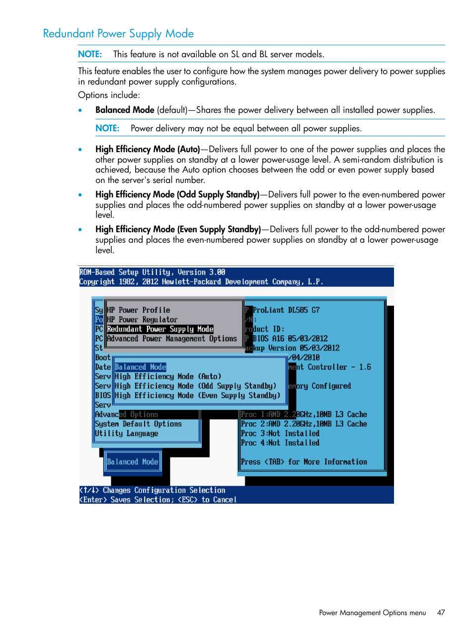 Redundant power supply mode | HP ROM-Based Setup Utility User Manual | Page 47 / 221